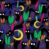 Seamless halloween pattern with mysterious black cats and watercolor plants 