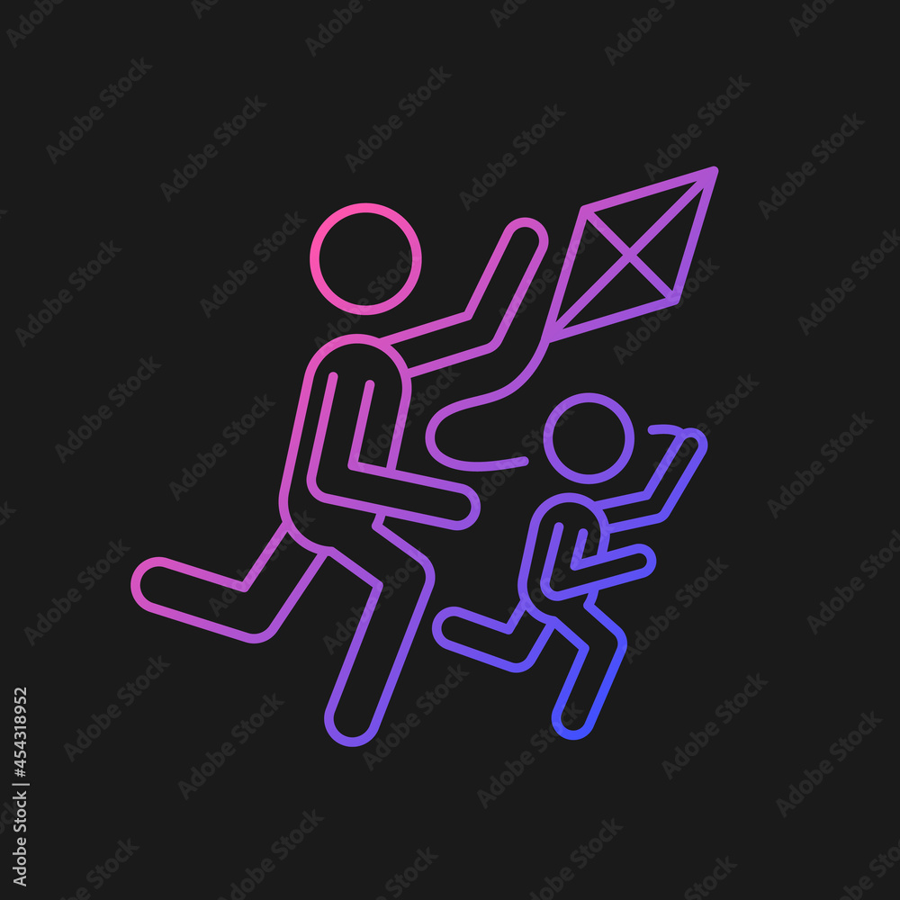 Flying kite gradient vector icon for dark theme. Playing with child outdoors. Family bonding. Develop coordination. Thin line color symbol. Modern style pictogram. Vector isolated outline drawing Flying kite gradient vector icon for dark theme. Playing with child outdoors. Family bonding. Develop coordination. Thin line color symbol. Modern style pictogram. Vector isolated outline drawing