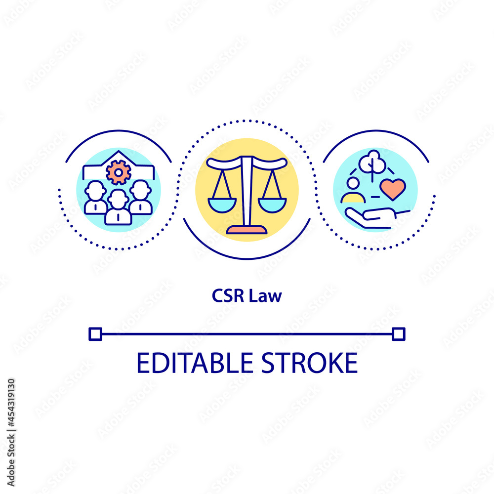 CSR law concept icon. Corporate social responsibility abstract idea thin line illustration. Company social management commitment. Vector isolated outline color drawing. Editable stroke CSR law concept icon. Corporate social responsibility abstract idea thin line illustration. Company social management commitment. Vector isolated outline color drawing. Editable stroke