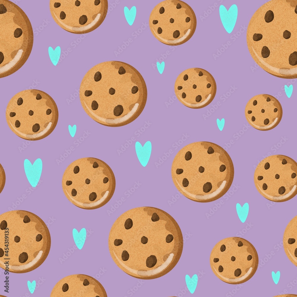 seamless pattern with oatmeal cookies and hearts on a fiolet background seamless pattern with oatmeal cookies and hearts on a fiolet background