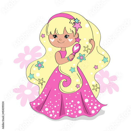 Beautiful vector illustration with a little princess in a raspberry dress combing her hair on a white background with pink daisies