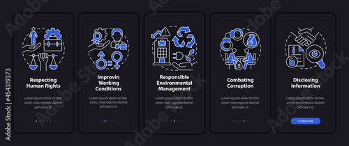 Corporate social responsibility issues dark onboarding mobile app page screen. Walkthrough 5 steps graphic instructions with concepts. UI, UX, GUI vector template with linear night mode illustrations