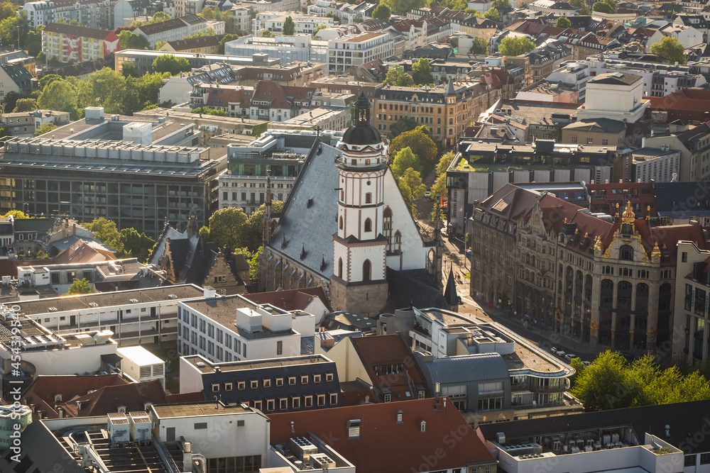 Aerial view Thomas church (Thomaskirche) in Leipzig, Germany