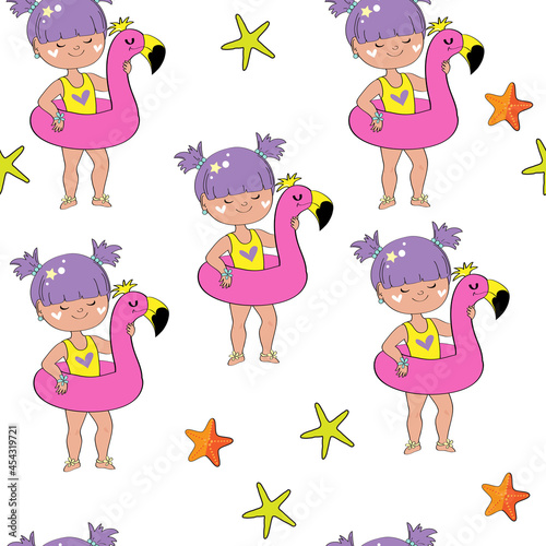 Beautiful little girl with lilac hair on an inflatable flamingo on a white background seamless pattern