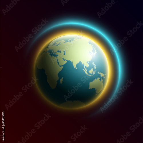 World map rising sun. Solar eclipse globe icon, space sunlight. Planet Earth sunny glow background view from space. Continents world Sunshine picture. Colorful solar eclipse astro poster presentation