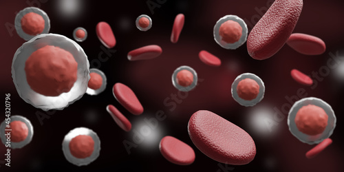 Red blood cells with antibodies, flow inside body. 3d Illustration