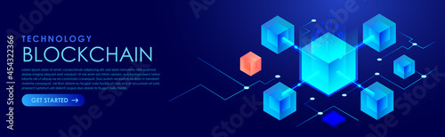 Technology Blockchain Isometric digital blocks banner vector