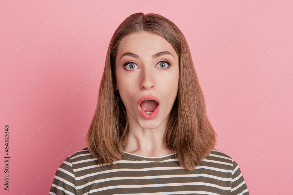Portrait of shocked lady open mouth wow reaction look camera on pink background Portrait of shocked lady open mouth wow reaction look camera on pink background