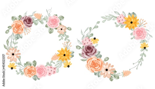 set of flower wreath with rose and leaves