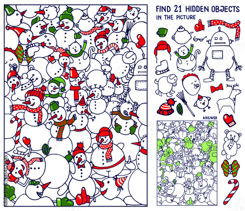 Find hidden objects in the picture. Snowman. Christmas Puzzle game for kids. Education game for family celebration, school, party, magazines. Sketch Vector.