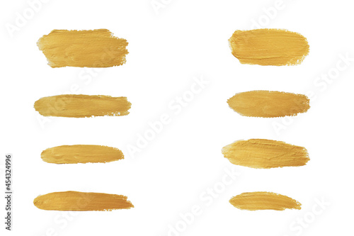 Gold paint stroke set. Gold brush abstract art illustration. Gold glittering design art brush stroke. creative set yellow paint isolated collection. Design golden stroke effect brush color painting.