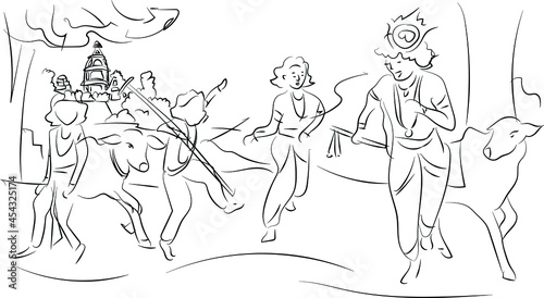 Krishna playing with friends in black line art