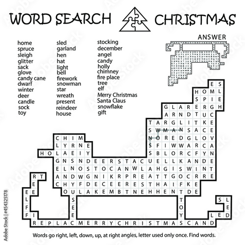 Word Search Puzzle. Christmas Sleigh. Zigzag Words go right, left, down, up, at right angles, letter used only once. Find words. Logic game for learning English. Worksheet for kids, adults. photo