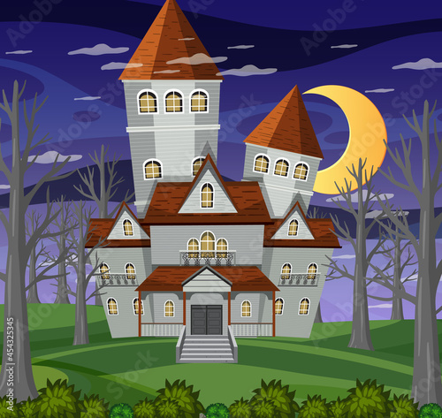 Haunted halloween mansion at night