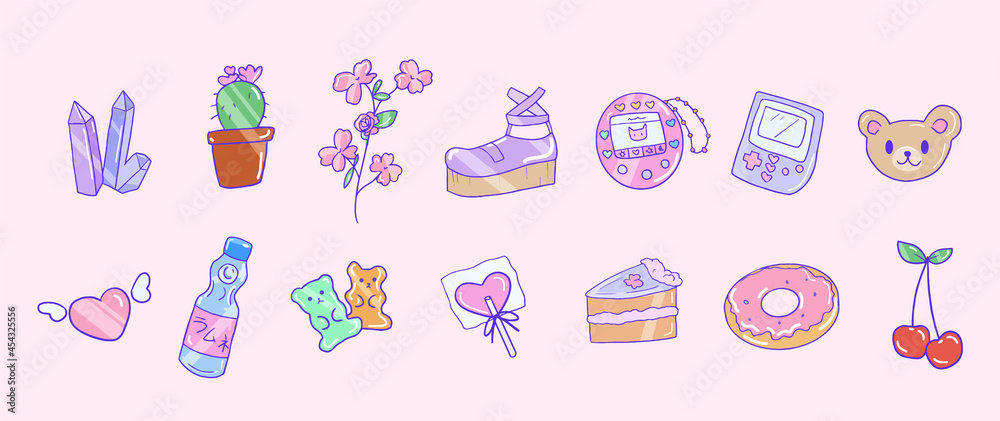 Cute 90s Aesthetic Girl Stuff Set. Isolated Japanese Kawaii Icons Stock  Vector - Illustration of colorful, cherry: 228742959