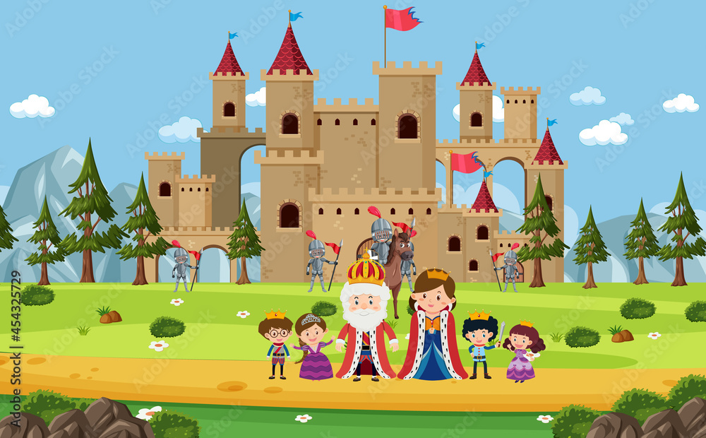 Happy royal family in front of castle Happy royal family in front of castle