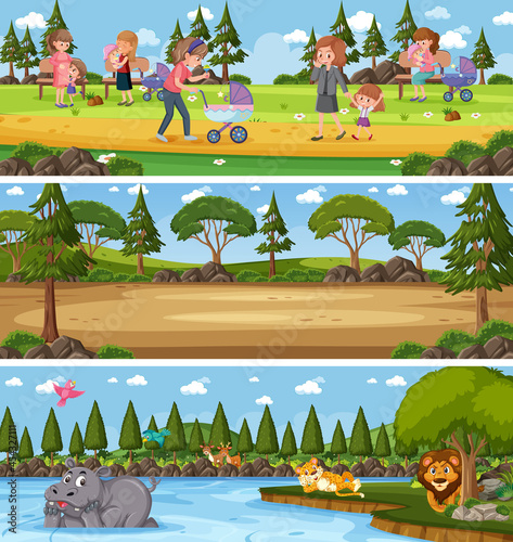 Different nature landscape at daytime scene with cartoon character © brgfx
