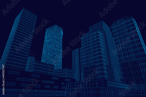 Wireframe city with skyscrapers from blue lines isolated on dark background. 3D. Vector illustration