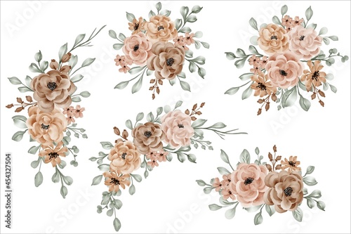 set of flower arrangement bouquet with rose and leaves