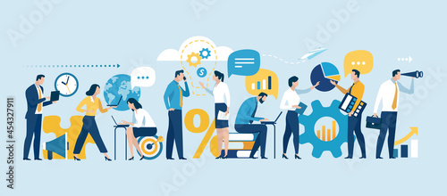 Business team at work. Large group of business workers wide format. Business vector illustration. 