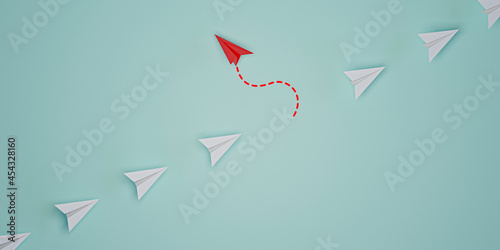 Red paper plane out of line with white paper to change disrupt and finding new normal way on blue background. Lift and business creativity new idea to discovery innovation technology. 3d render