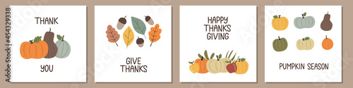 Set of trendy Thanksgiving cards decorated by hand drawn pumpkins, leaves, acorns and apples. Minimalistic trendy doodle design as Happy Thanksgiving concept. Thanksgiving blog post template