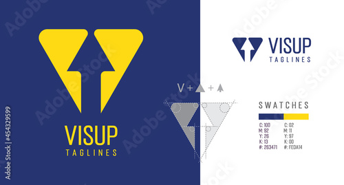 Clean and creative Triangle logo with an Arrow facing upwards with the meaning of development, progress, improvement, with swatch colour codes for branding graphic designs