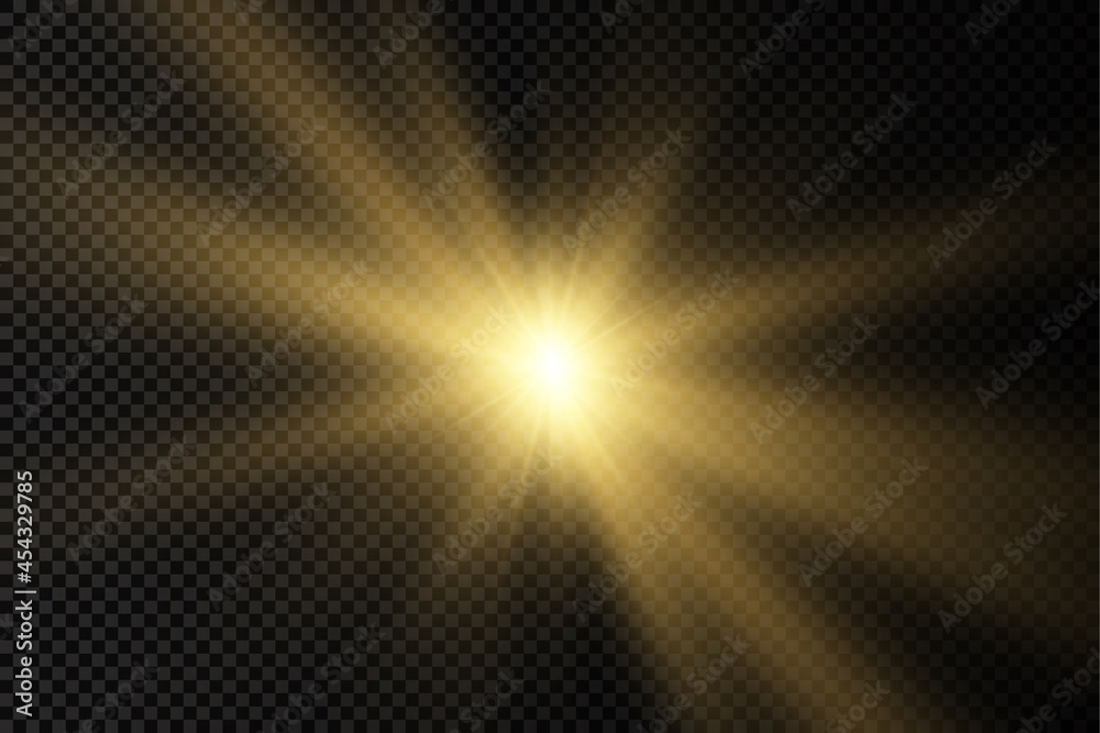 Yellow sun rays, golden light effect, star.