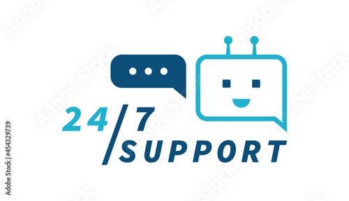 24-7 Chatbot support. Cute Bot with speech bubble sign. Chatbot logo design. Bot for online consultation and support service. Flat vector illustration