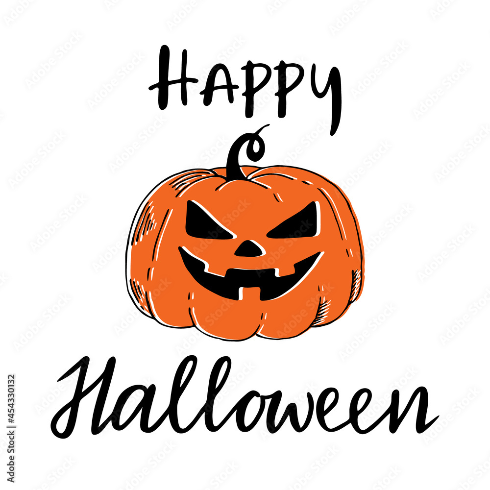 Naklejka premium Happy Halloween greeting card or banner. Hand-drawn pumpkin and lettering element