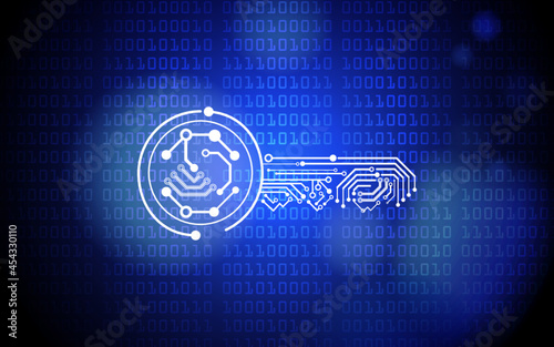 computer screen with binary code and a digital key