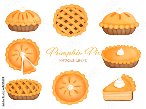 Digital painting pumpkin pie watercolor element. Vector illustration