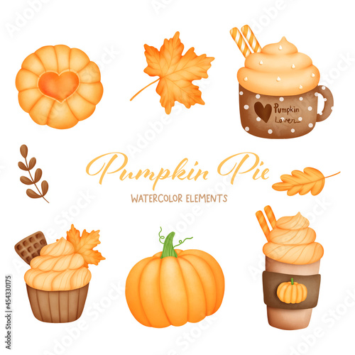 Digital painting pumpkin pie watercolor element. Vector illustration