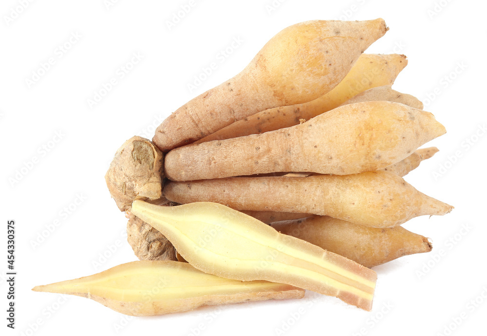 Finger root (Kaempferia ) isolated on white background, Krachai white used as Thai herbal medicine. Finger root (Kaempferia ) isolated on white background, Krachai white used as Thai herbal medicine.