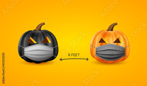 Halloween social distancing concept, cute pumpkins in medical masks. Halloween characters in realistic style. Coronavirus, Covid-19 protection.
