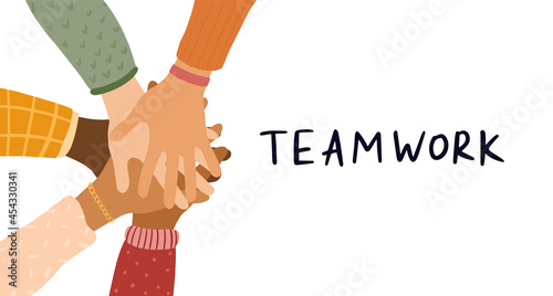 Banner with hands of different skin tone. Teamwork. United community. Vector illustration. Flat vector illustration.