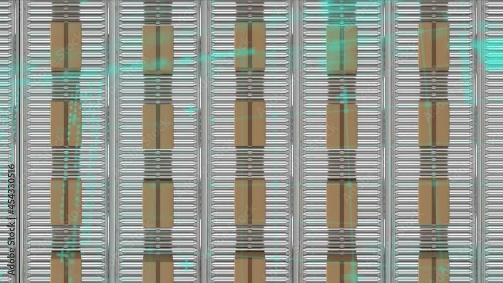 Animation of data processing over cardboard boxes on conveyor belts