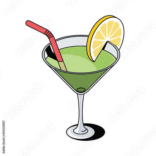 Glass cocktail with lemon. Vector 3d sketch line isometric, color icon illustration, flat style. Creative design idea and elements for infographics and website.