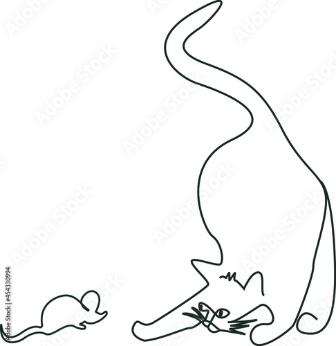 Cute and funny cat catches a mouse. A cat is playing with a mouse. Line art vector illustration.
