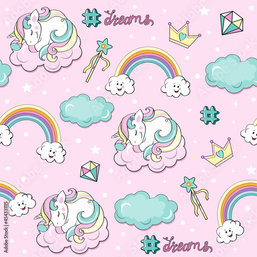 beautiful unicorns pop art on the clouds seamless pattern on a pink background