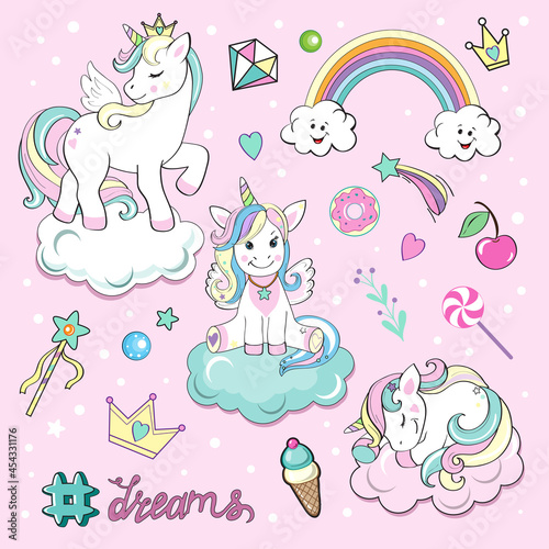 Set of beautiful unicorns on the clouds