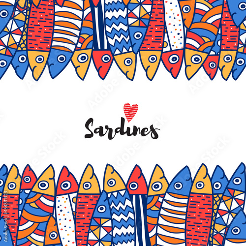 Cute sardines. Postcard with colorful fish.