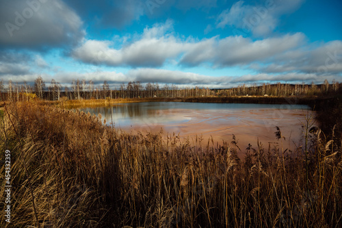 contamination of the reservoir with toxic waste. an oily film on the surface of the water. man poisons nature with harmful emissions. dirty lake due to industry