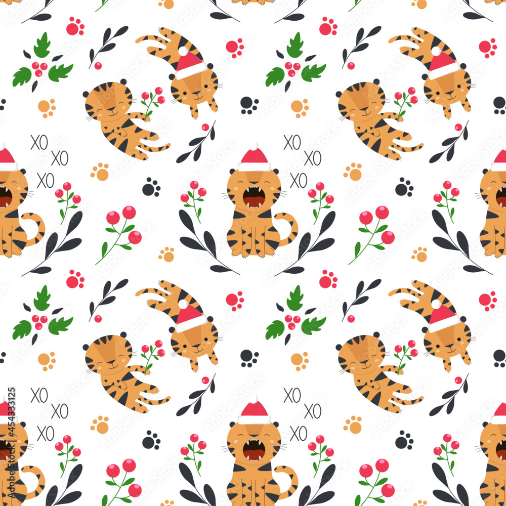 Naklejka premium Seamless pattern with tiger - symbol of 2022 in cartoon style