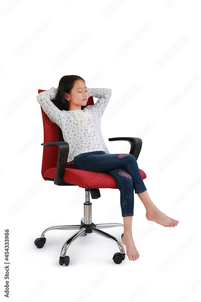 Portrait Asian little girl child sitting and relax on chair isolated on white studio background. Image full length with Clipping path Portrait Asian little girl child sitting and relax on chair isolated on white studio background. Image full length with Clipping path