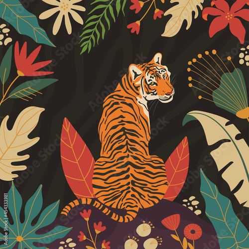 Tiger in the jungle card poster  hand drawn floral foliage illustrations.