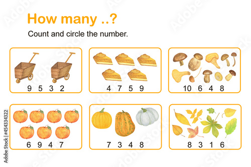 How many counting educational game for kids with autumn elements, watercolor illustration, educational puzzle