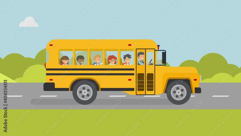 School bus with smiling pupils and driver in a road with mountains landscape background. Loop animation with alpha channel and chroma key