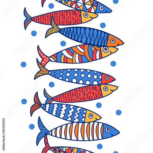 Vector seamless vertical border with fish. Cute sardines.
