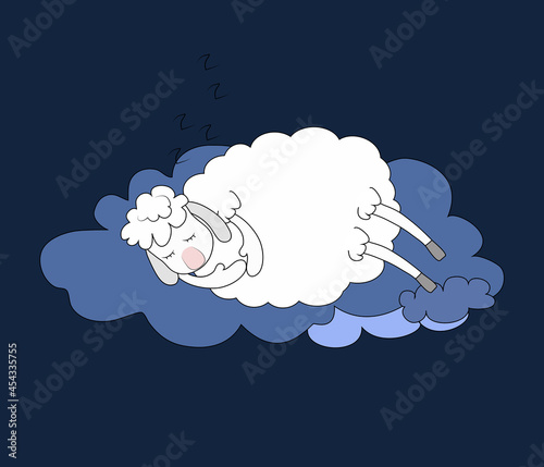 A lovely white lamb sleeps sweetly on a cloud in the sky. The concept of sweet dreams, relaxation, night rest, healthy sleep. Vector illustration in cartoon cheerful style on blue.